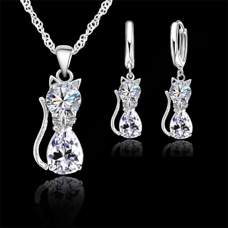 925 Sterling Silver Crystal Cute Cat Jewelry Set - LaVie Jewelery