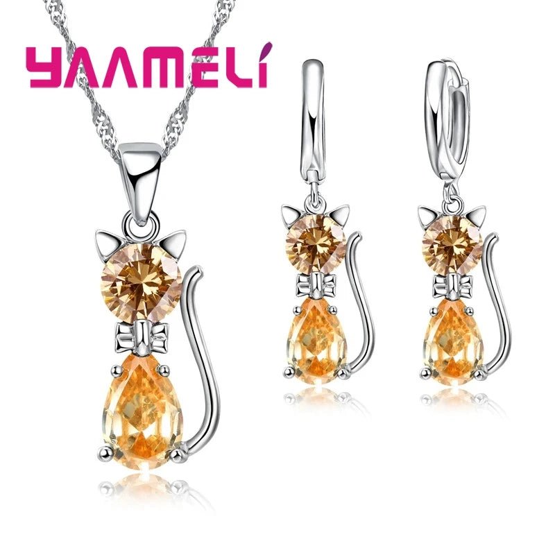 925 Sterling Silver Crystal Cute Cat Jewelry Set - LaVie Jewelery