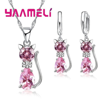 925 Sterling Silver Crystal Cute Cat Jewelry Set - LaVie Jewelery