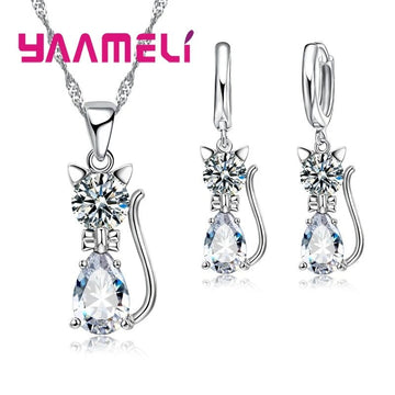 925 Sterling Silver Crystal Cute Cat Jewelry Set - LaVie Jewelery