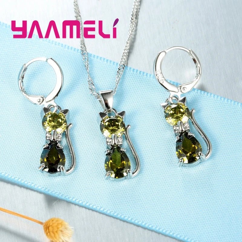 925 Sterling Silver Crystal Cute Cat Jewelry Set - LaVie Jewelery