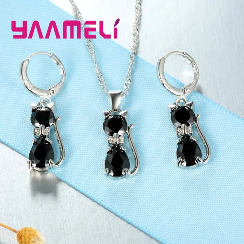 925 Sterling Silver Crystal Cute Cat Jewelry Set - LaVie Jewelery