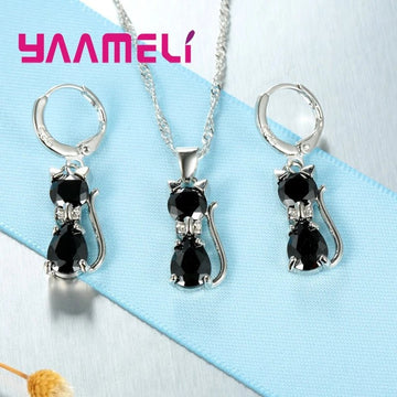 925 Sterling Silver Crystal Cute Cat Jewelry Set - LaVie Jewelery