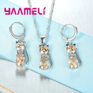 925 Sterling Silver Crystal Cute Cat Jewelry Set - LaVie Jewelery