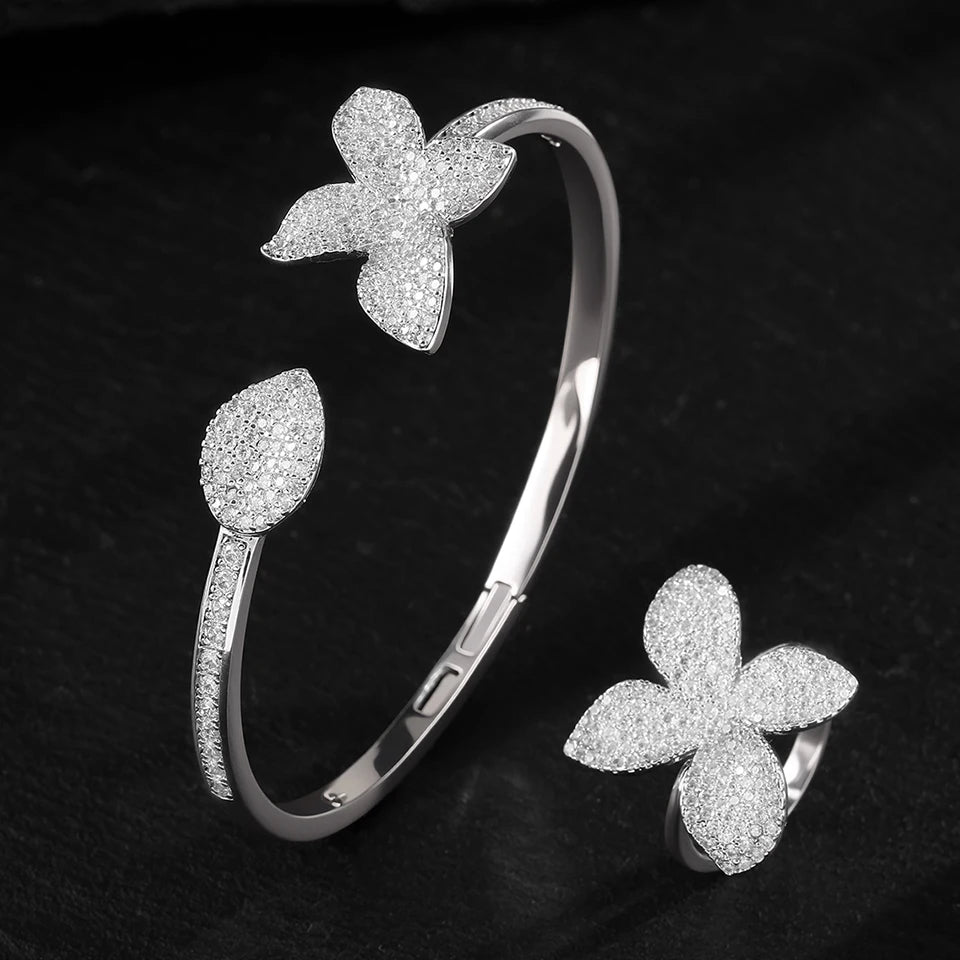 Luxury Silver Color Flower Leaf Adjustable Jewelry Set - LaVie Jewelery