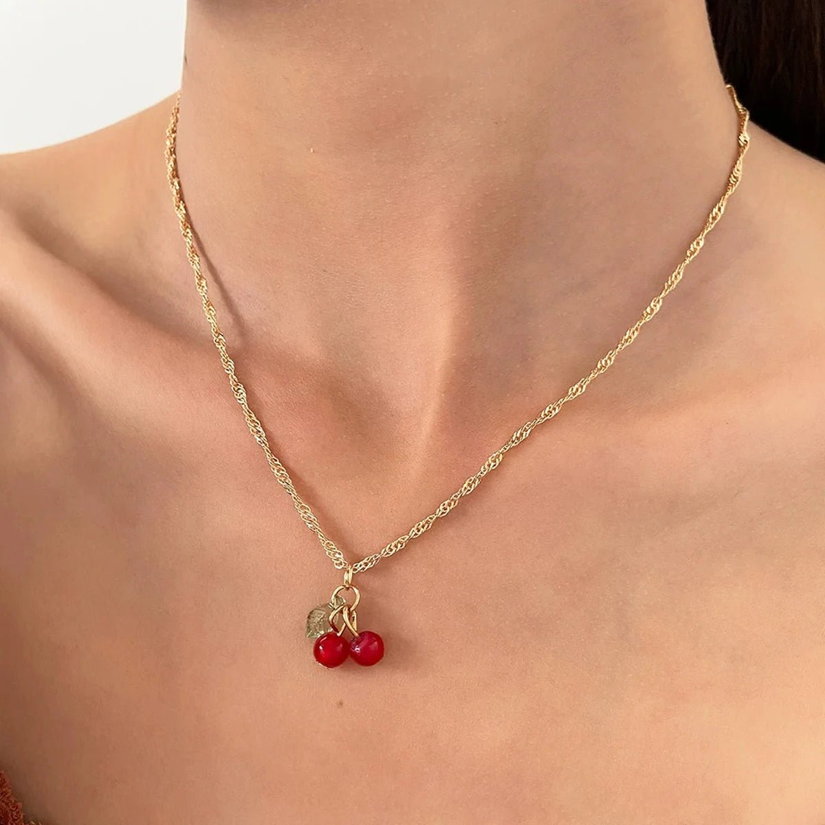 Gold Color Chic Red Cherry Necklace Dangle Earrings Jewelery Set - LaVie Jewelery