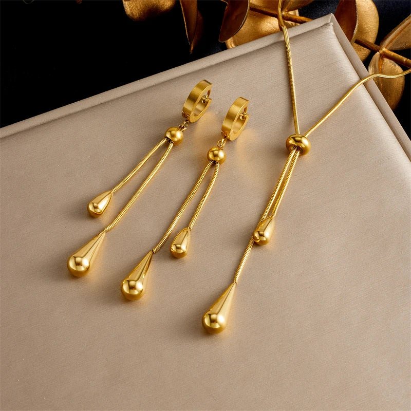 Stainless Steel Adjustable Water Droplet Earrings Necklace Jewelry Set - LaVie Jewelery