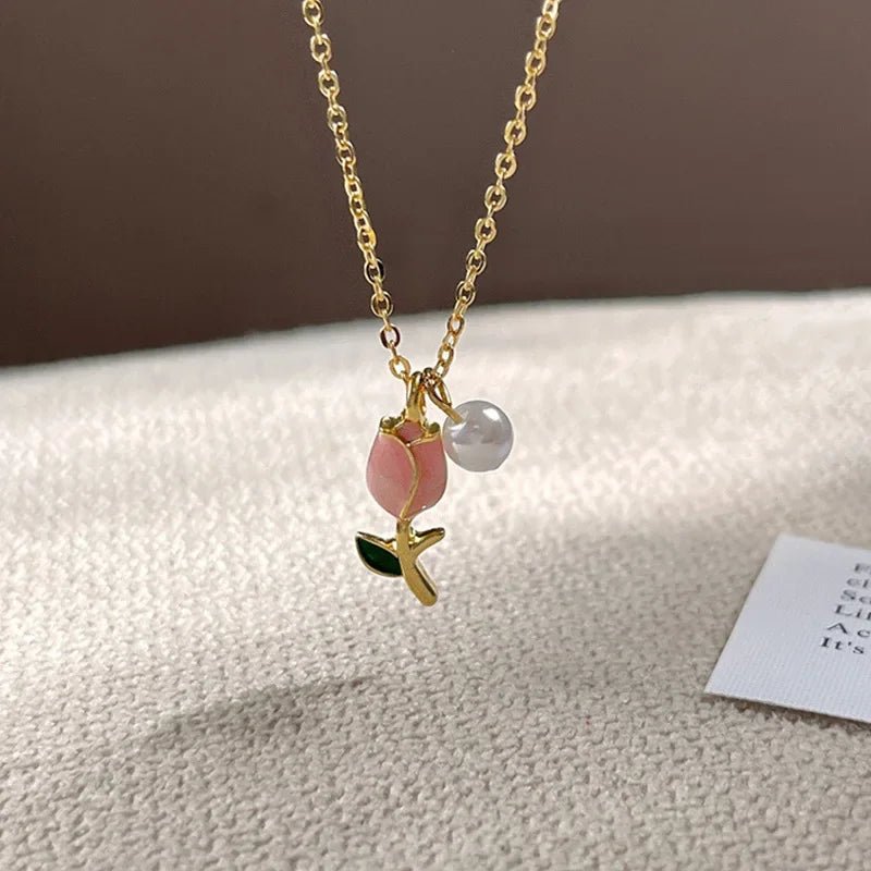 Pink Tulip Necklace Earrings Jewelery Set - LaVie Jewelery