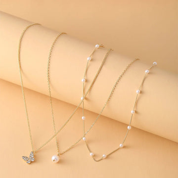 Retro Multilayer Butterfly Pendant Artificial Pearl Clavicle Chain Necklace - LaVie Jewelery