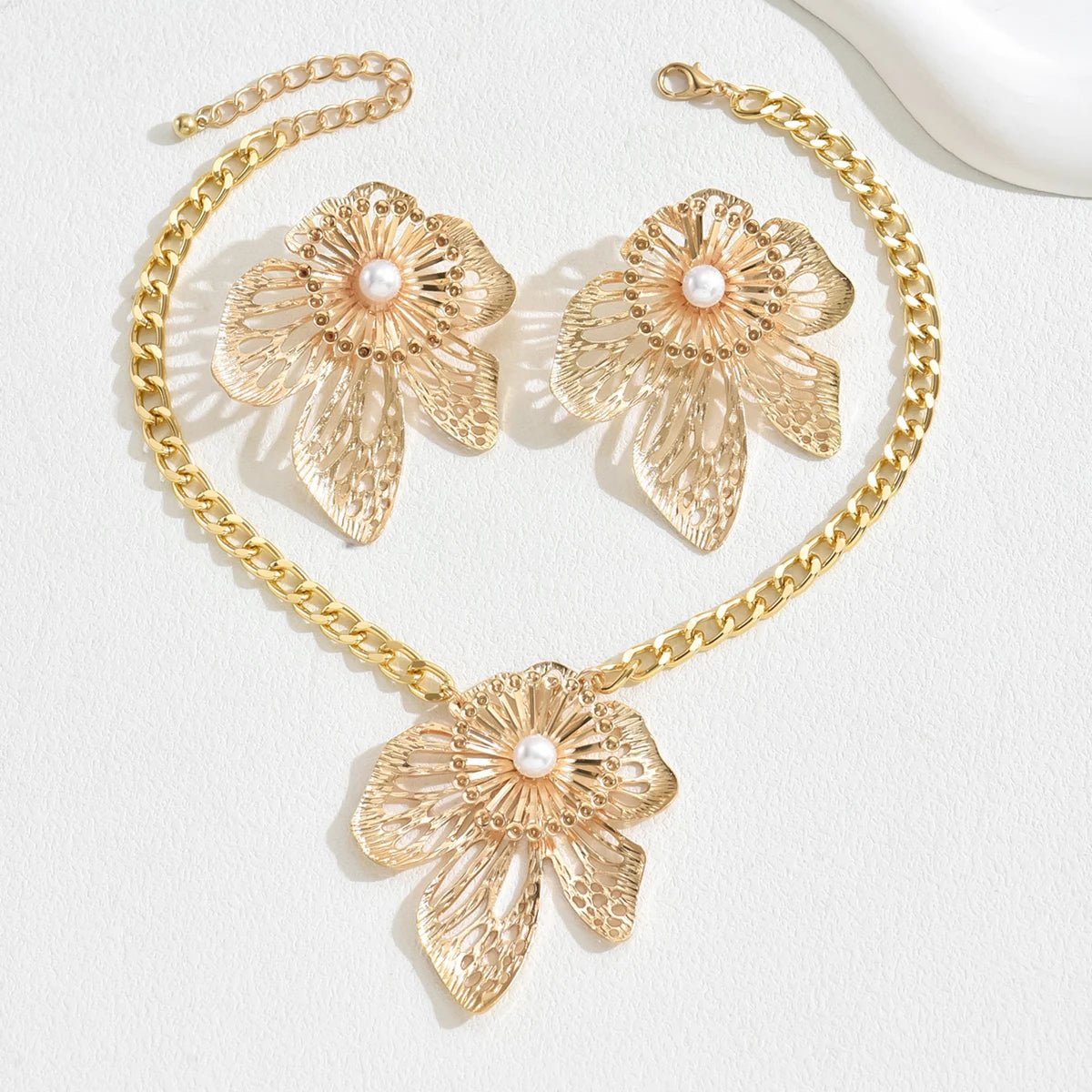 Gold Color Hallowout Stamping Big Flower Pearl Necklace Earrings Set - LaVie Jewelery