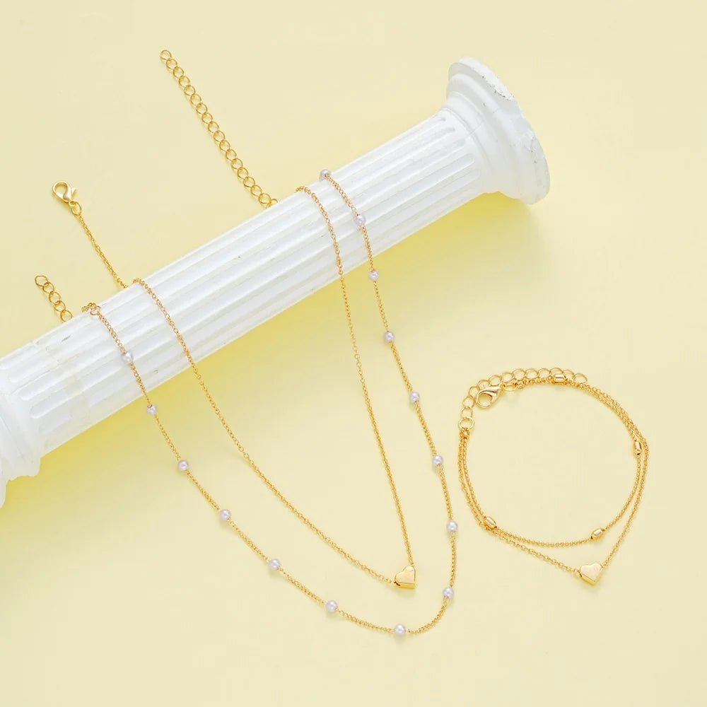 14K Gold Plated Heart Pearl Pendant Jewelery Sets - LaVie Jewelery
