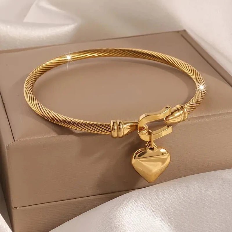 18k Gold Stainless Steel Heart Pendant Charm Bangle Bracelets - LaVie Jewelery