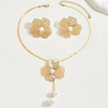 Gold Color Hallowout Stamping Big Flower Pearl Necklace Earrings Set - LaVie Jewelery