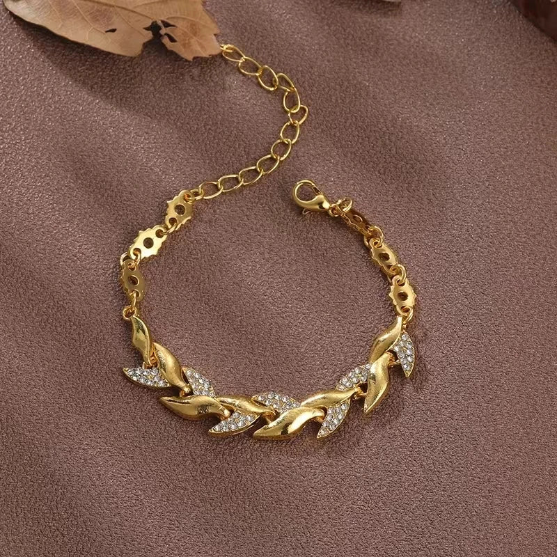 Gold Color Leaf Twisted Crystal Stone Bracelet - LaVie Jewelery