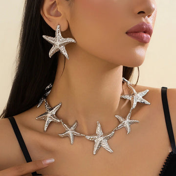 Vintage Large Metal Starfish Choker Necklace Drop Earrings Jewelry Set - LaVie Jewelery
