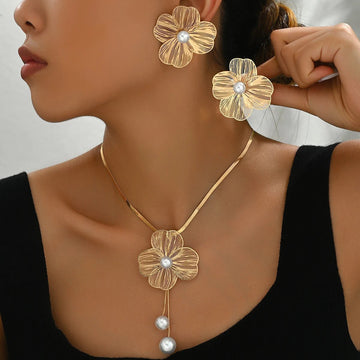 Gold Color Hallowout Stamping Big Flower Pearl Necklace Earrings Set - LaVie Jewelery