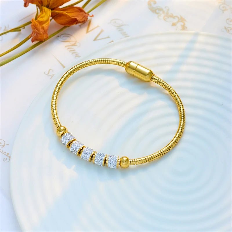 Stainless Steel Gold Color Rhinestone Beaded Bracelet - LaVie Jewelery