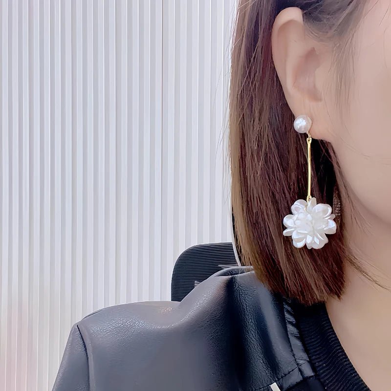 Elegant White Flower Pearl Dangle Earrings - LaVie Jewelery