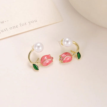 French Tulip Flower Pearl Stud Earrings Pearl Earrings - LaVie Jewelery