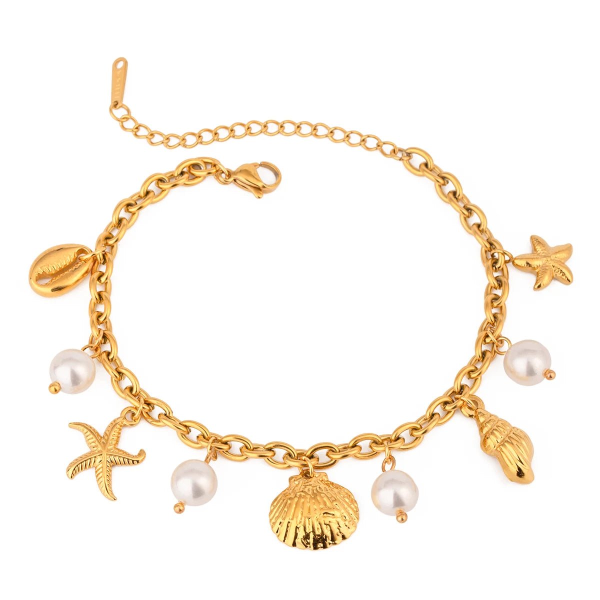 18K Gold PVD Plated Stainless Steel Pearl Shell Starfish Charm Bracelet - LaVie Jewelery