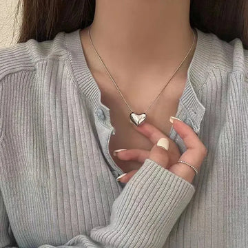 Korean Silver Color Snake Bone Chain w Heart Pendant Choker Necklace - LaVie Jewelery
