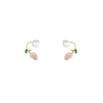 French Tulip Flower Pearl Stud Earrings Pearl Earrings - LaVie Jewelery