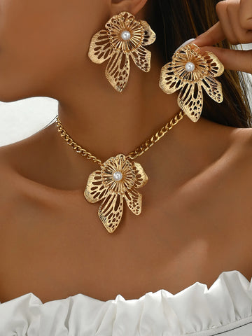 Gold Color Hallowout Stamping Big Flower Pearl Necklace Earrings Set - LaVie Jewelery