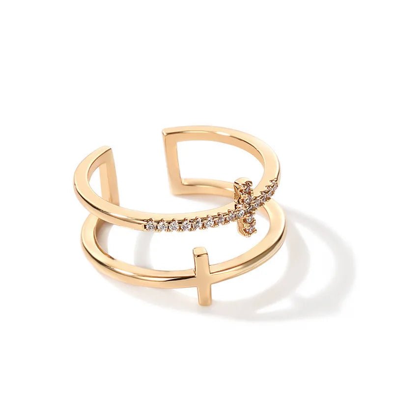 Gold Silver Double Layer Cross Open Adjustable Finger Rings - LaVie Jewelery