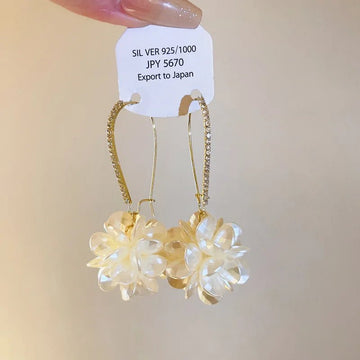 Korean Exquisite Rhinestone Long White Flower Pearl Drop Earrings - LaVie Jewelery