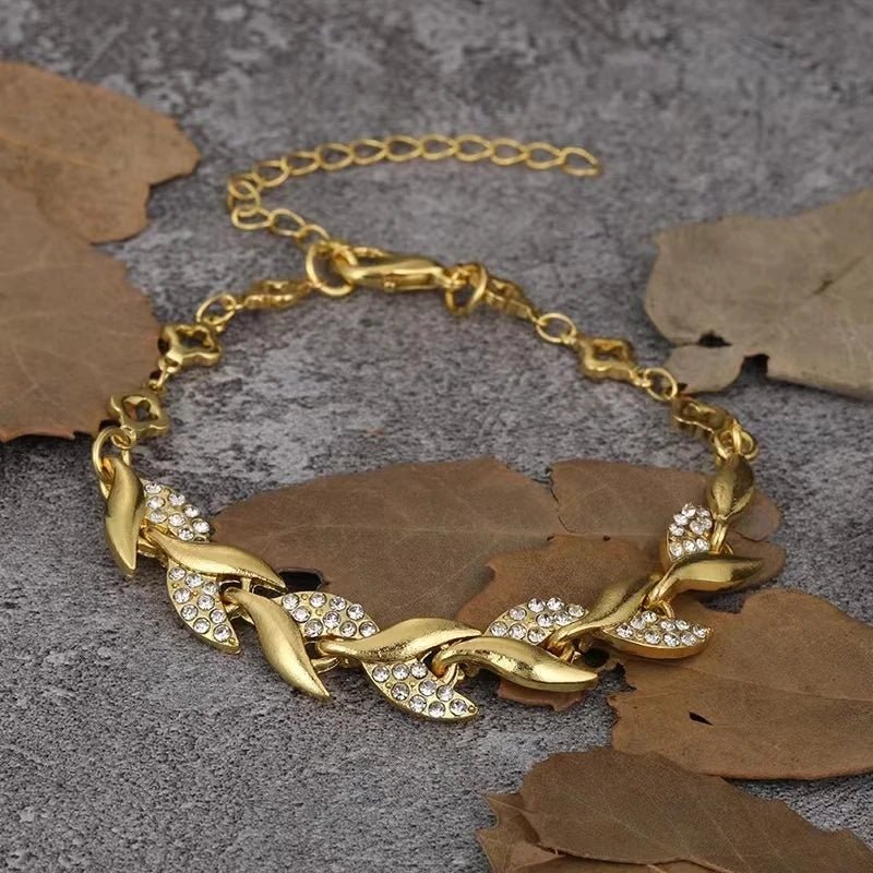 Gold Color Leaf Twisted Crystal Stone Bracelet - LaVie Jewelery