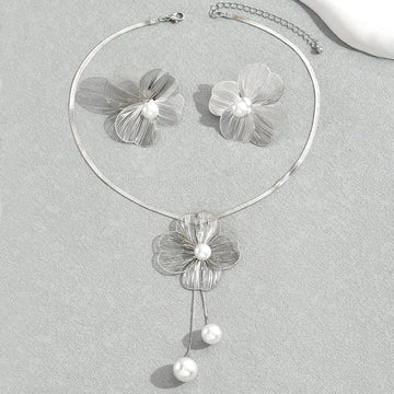 Gold Color Hallowout Stamping Big Flower Pearl Necklace Earrings Set - LaVie Jewelery
