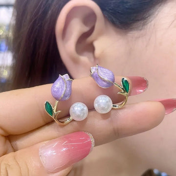 French Tulip Flower Pearl Stud Earrings Pearl Earrings - LaVie Jewelery