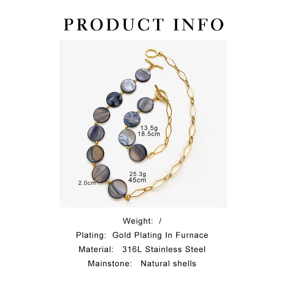 Stainless Steel Grey Round Natural Shell Bracelet Necklace Jewelry Set - LaVie Jewelery