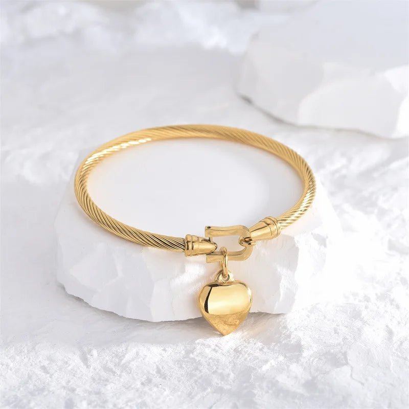 18k Gold Stainless Steel Heart Pendant Charm Bangle Bracelets - LaVie Jewelery