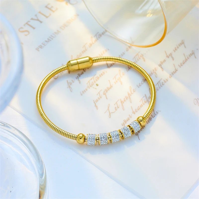 Stainless Steel Gold Color Rhinestone Beaded Bracelet - LaVie Jewelery