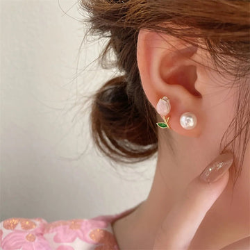 French Tulip Flower Pearl Stud Earrings Pearl Earrings - LaVie Jewelery