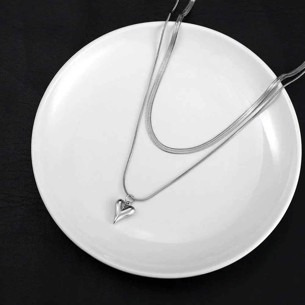 Stainless Steel Heart Pendant Double - layer Necklace Jewelery Set - LaVie Jewelery