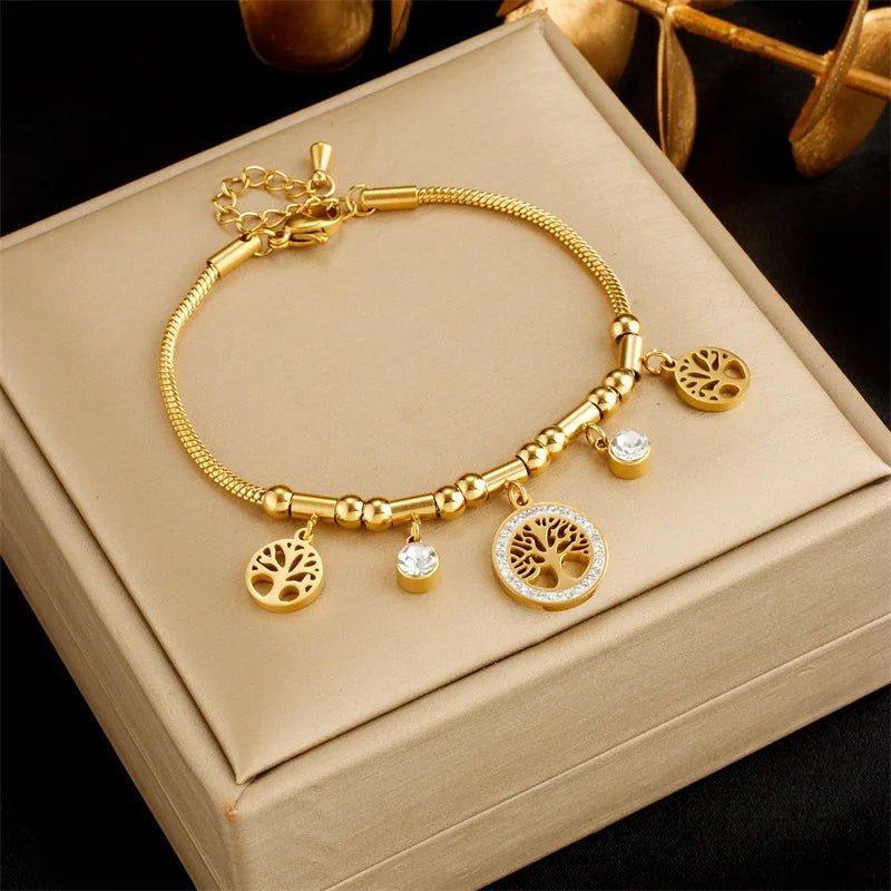Elegant Gold Color Stainless Steel Tree of Life Charms Bracelet with Zircon Stone - LaVie Jewelery