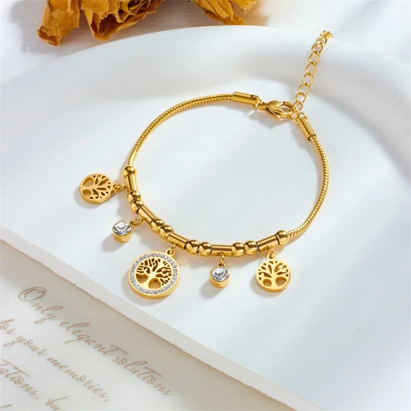 Elegant Gold Color Stainless Steel Tree of Life Charms Bracelet with Zircon Stone - LaVie Jewelery