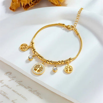 Elegant Gold Color Stainless Steel Tree of Life Charms Bracelet with Zircon Stone - LaVie Jewelery