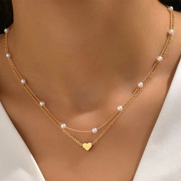 14K Gold Pearl Heart Pendant Necklace Set - LaVie Jewelery