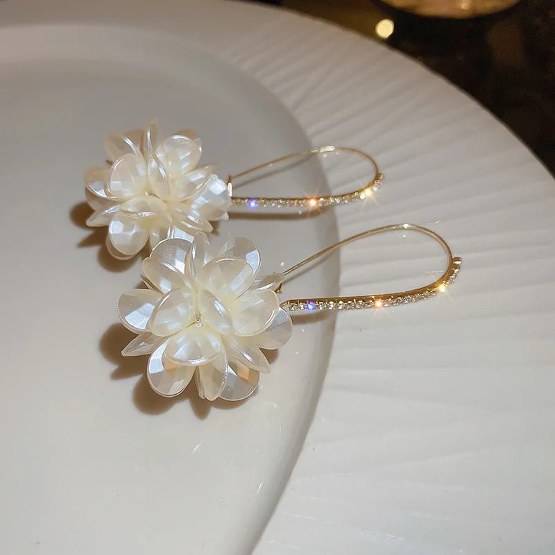 Korean Exquisite Rhinestone Long White Flower Pearl Drop Earrings - LaVie Jewelery