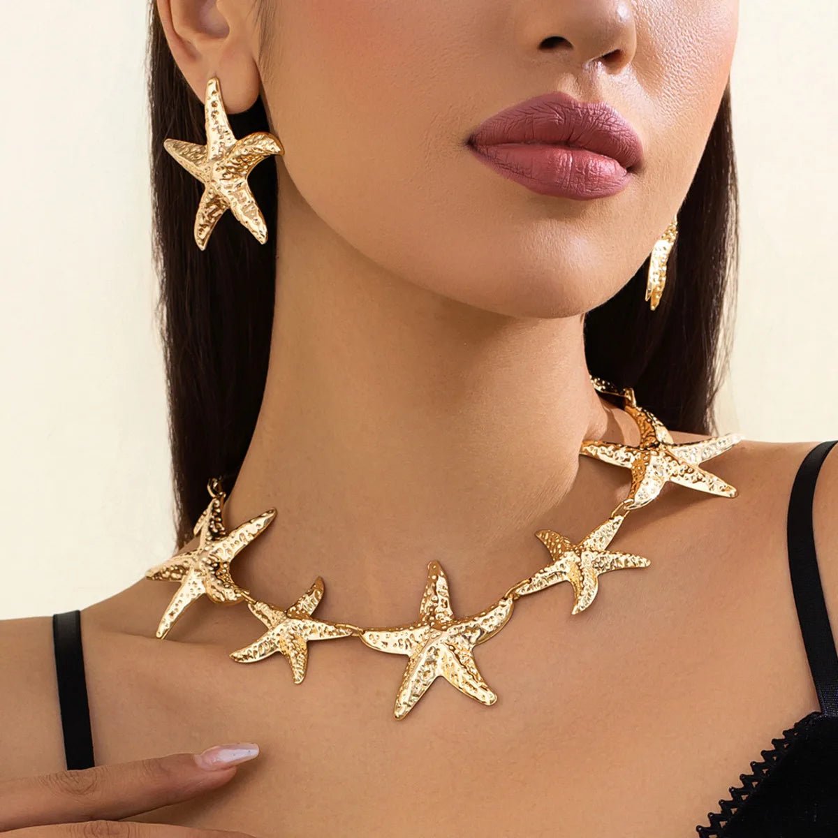 Vintage Large Metal Starfish Choker Necklace Drop Earrings Jewelry Set - LaVie Jewelery
