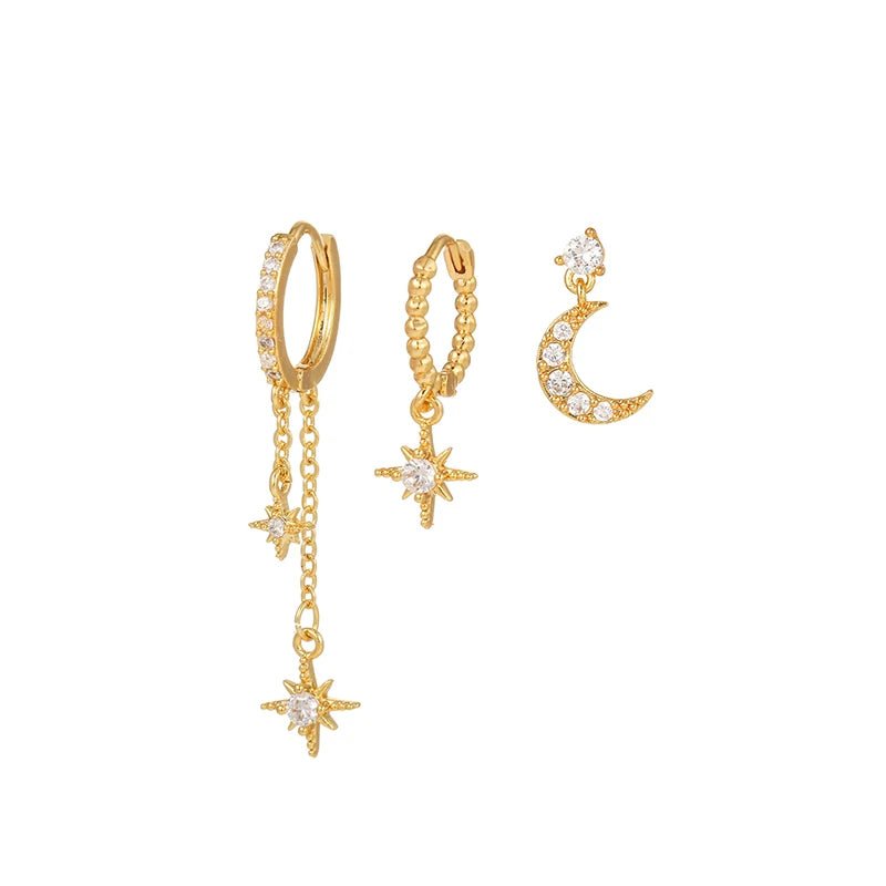 Gold Plated Cubic Zirconia Star Moon Dangle Earrings Set - LaVie Jewelery