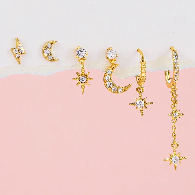 Gold Plated Cubic Zirconia Star Moon Dangle Earrings Set - LaVie Jewelery