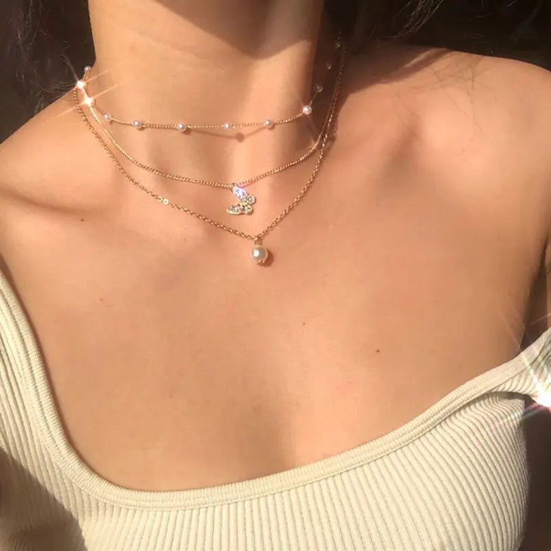 Retro Multilayer Butterfly Pendant Artificial Pearl Clavicle Chain Necklace - LaVie Jewelery