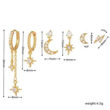 Gold Plated Cubic Zirconia Star Moon Dangle Earrings Set - LaVie Jewelery