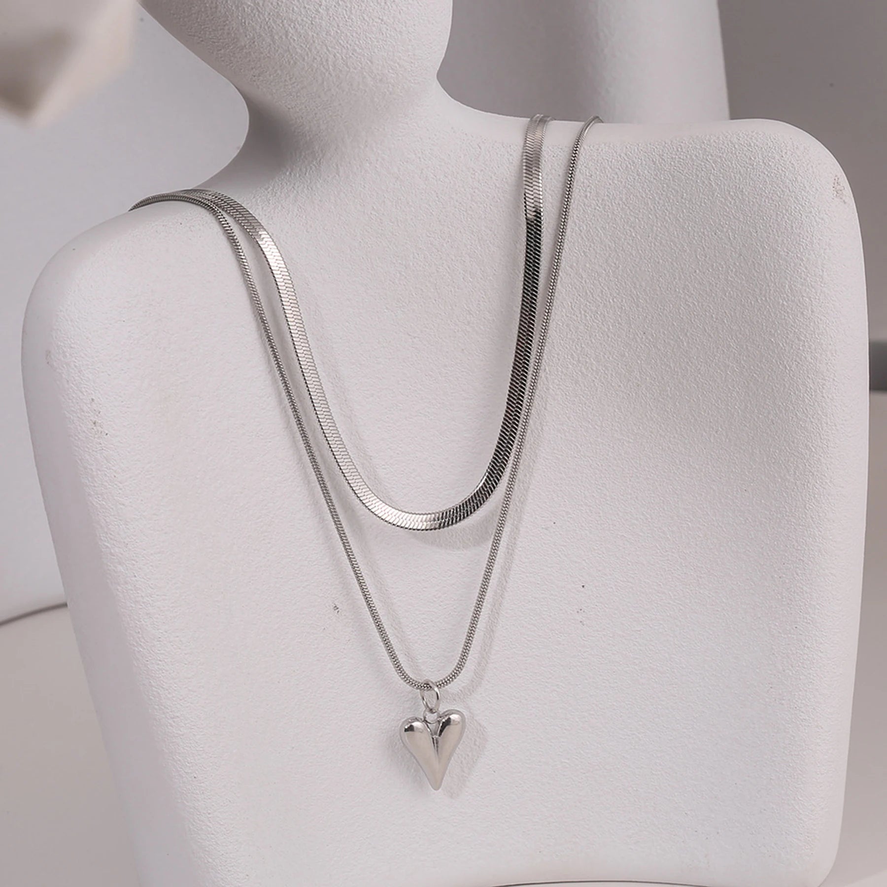 Stainless Steel Heart Pendant Double - layer Necklace Jewelery Set - LaVie Jewelery