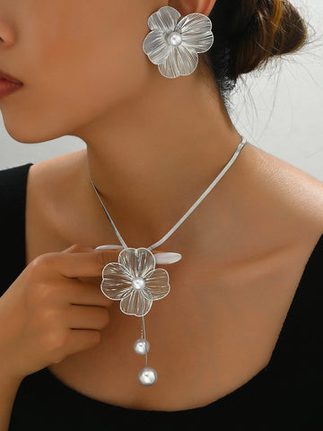 Gold Color Hallowout Stamping Big Flower Pearl Necklace Earrings Set - LaVie Jewelery