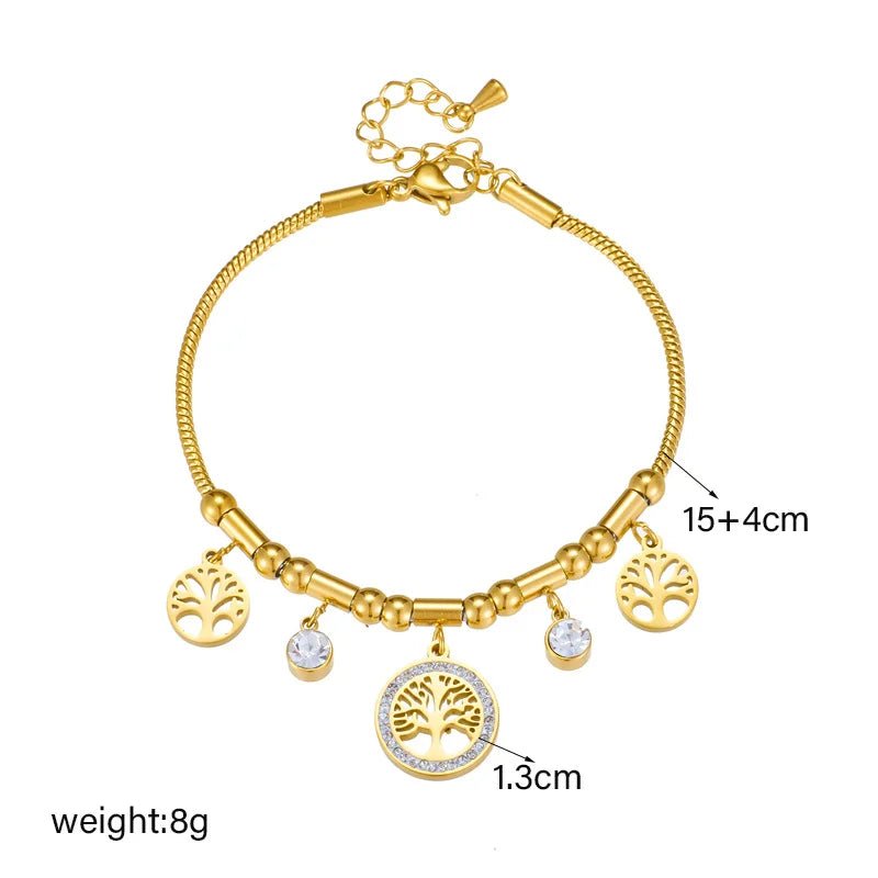 Elegant Gold Color Stainless Steel Tree of Life Charms Bracelet with Zircon Stone - LaVie Jewelery